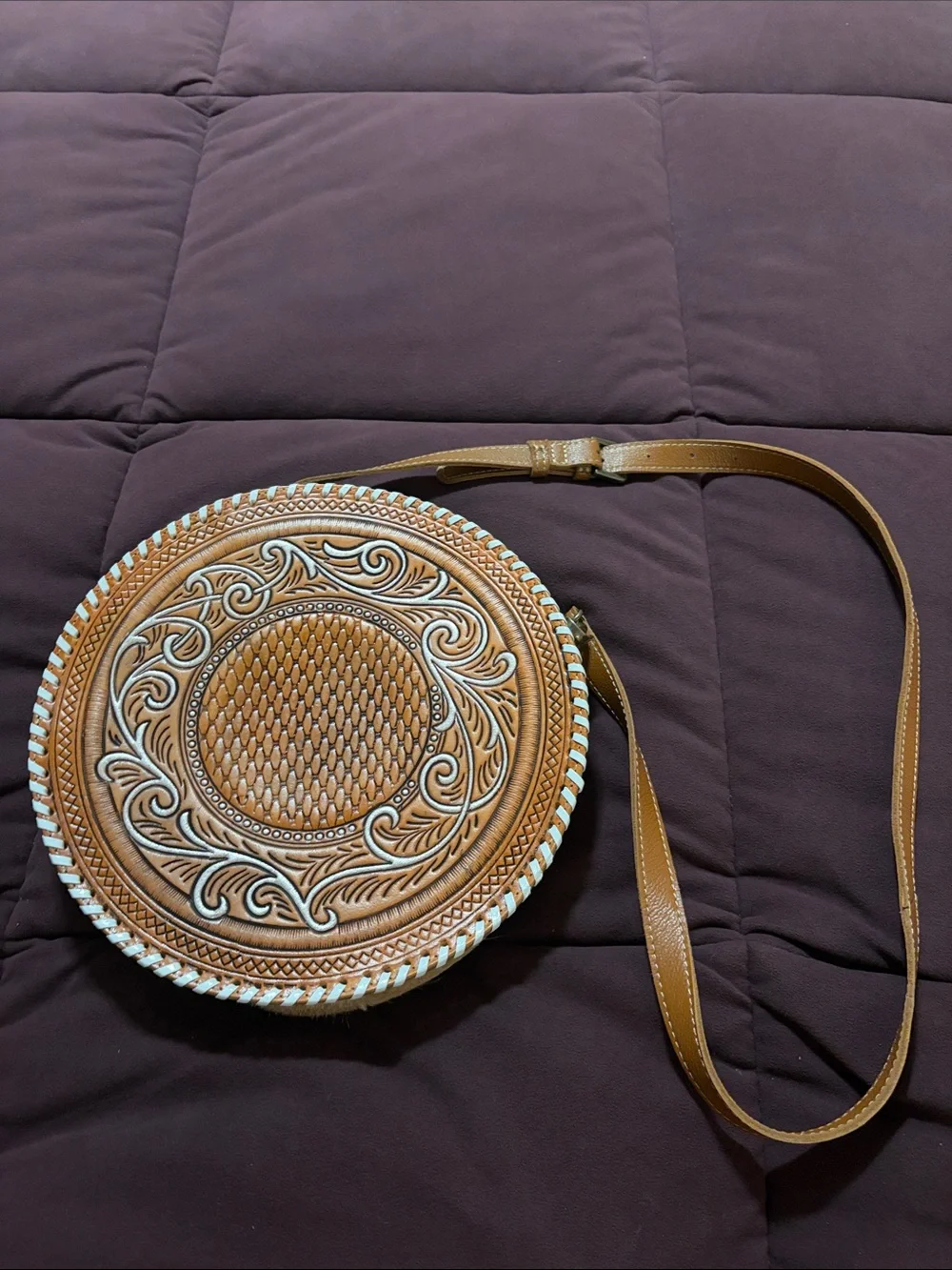 Myra Bag Hand-Tooled Round Crossbody in Brown with Cream Trim